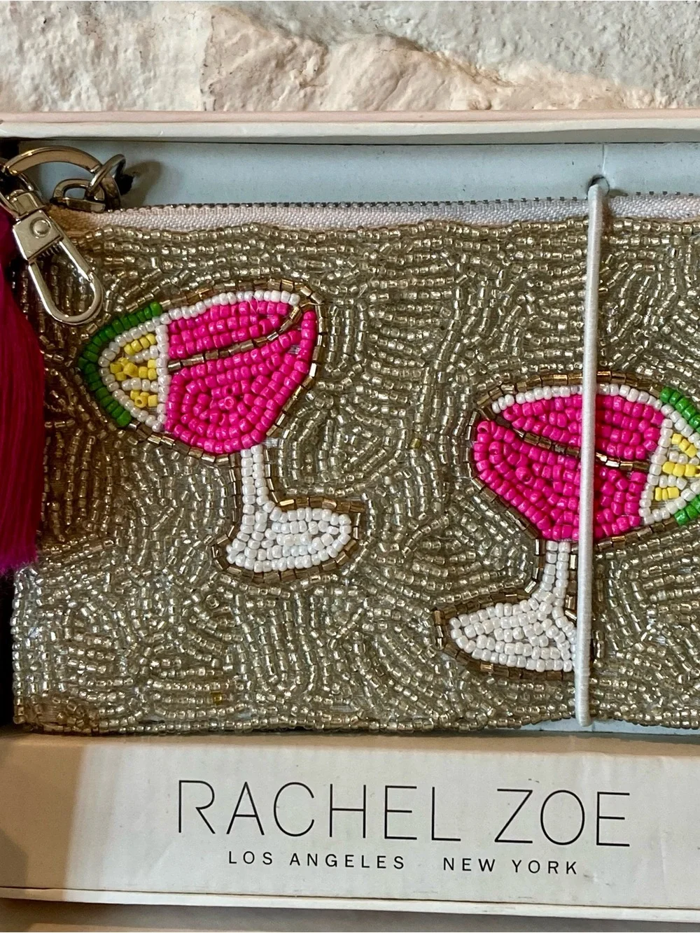 NIB Rachel Zoe beaded pink cocktail 2 piece coin purse and charm set